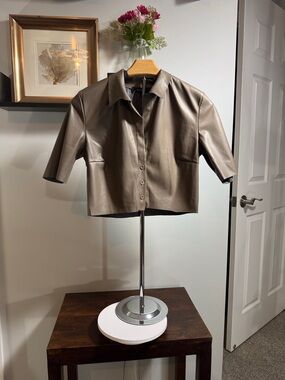 Olivaceous Taupe Brown Cropped Faux Leather Button-Front Jacket